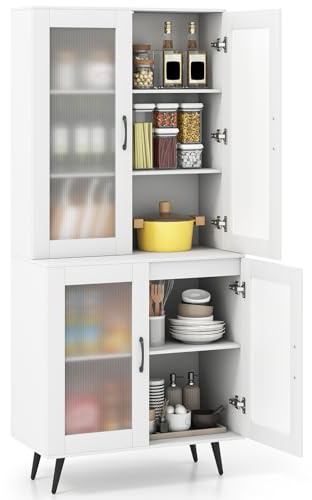 RELAX4LIFE Dispensa Cucina, Credenza Autonoma con Ante Traslucide & Ripiano Regolabile, Armadio Alto Moderno per Soggiorno, Sala da Pranzo, Ufficio a Casa, 80 x 40 x 178,5 CM, Nero/Bianco (BIANCO)
