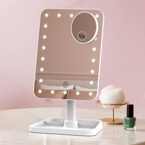 Famihomii Rechargeable Lighted Makeup Mirror with 10X Magnification, Large Vanity Mirror for Dressing Table with Adjustable Brightness, Touch Sensor & Portable Design
