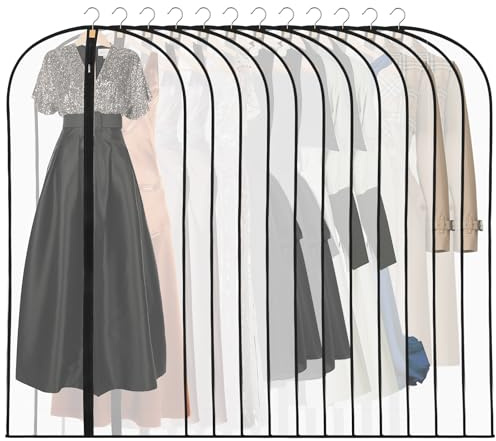 12 Pack Dress Bags Covers Long, 55in PEVA Garment Bags Suit Bags,Black Edge | Waterproof Dustproof Protection, Full Zip, Reusable, Translucent Design, For Dresses, Coats, Suits, Home or Travel