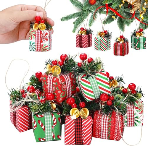 12 Stück Deko Geschenkpäckchen, Mini Geschenkboxen, Geschenkbox Anhänger, Mini Geschenkboxens Weihnachten,für Weihnachten Dekoration