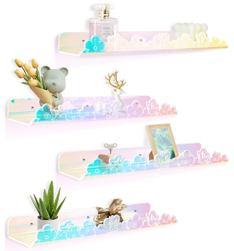 Mensola da Muro , Set da 4 Pezzi, Dimensioni 40x9 cm, Adatta per Libri, Giocattoli, Foto e Cosmetici, Mensola in Acrilico Impermeabile Senza Fori, Ideale per Bagno, Camera da Letto e Soggiorno