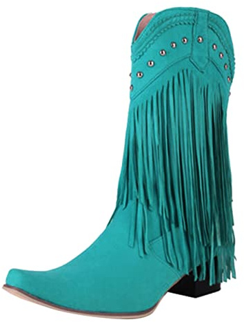 Botas con flecos de terciopelo de arena para mujer, tacón cuadrado de tubo medio, botas de tacón medio, azul celeste, 38 EU