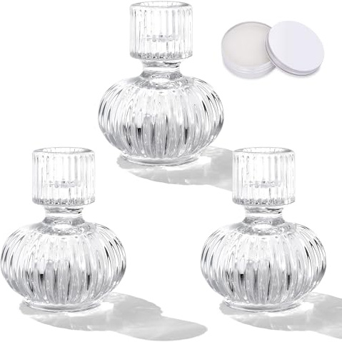 Romcanmy Glass Candlestick Holders Set of 3, Reversible Taper Candle Holders with Adhesive Wax, Ribbed Lantern Design Crystal Votive & Tealight Holder for Table Centerpieces Wedding Party Decor