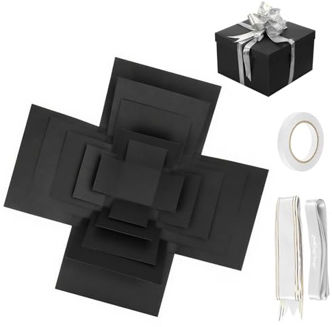 Caja Explosion Surprise, Caja de Regalo Explosión Creativa de 5 Capas, 5 Capas Scatola Regalo Sorpresa con Cinta y Cinta Adhesiva, para Cumpleaños, Aniversario, San Valentín, Navidad, Negro