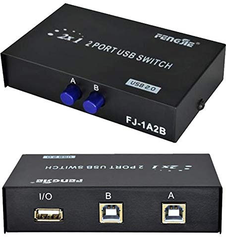 I43C USB 2.0 Switch 2-Port KVM Umschalter – 2 In 1 Out USB Sharing Switch für Drucker, Scanner, USB-Stick, Tastatur und Maus mit Schaltknopf