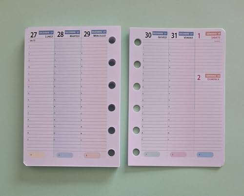 Ricarica calendario settimanale formato A7 pocket 8x12cm per agenda con 6 anelli