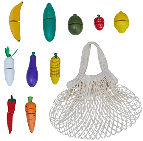 Teamson Kids Little Chef Frankfurt Wooden Toy Kitchen Interactive Pretend Play Food Set, Cutting Fruit and Vegetables Accessories 10 Pieces & Bag TK-W00015