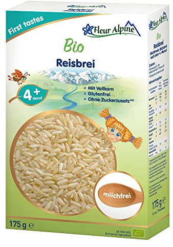FLEUR ALPINE Bio Reisbrei Babynahrung – Frühstücksbrei | Nahrhaft und glutenfrei | einfache Zubereitung | Getreidebrei 4+ Monate ohne Zuckerzusatz | 7 Portionen