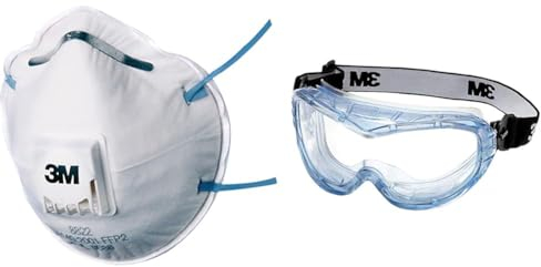 3M 8822 Masque antipoussière jetable FFP2 & Lunettes-masque de sécurité Fahrenheit - Spécialement conçues pour les applications chimiques - Protection anti-buée - 1 pièce - Bleu/Transparent