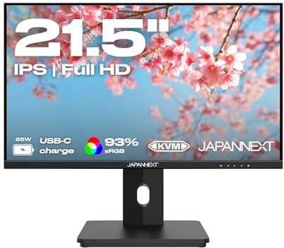 JapanNext Monitor 21,5 Zoll IPS Full HD (1920x1080) | HDR | USB-C-Aufladung (65W) Höhen- & Neigungsverstellung (HSP) Integrierte Lautsprecher | G-Sync/FreeSync | 2 Jahre Garantie | JN-I215FLFHSP-C65W