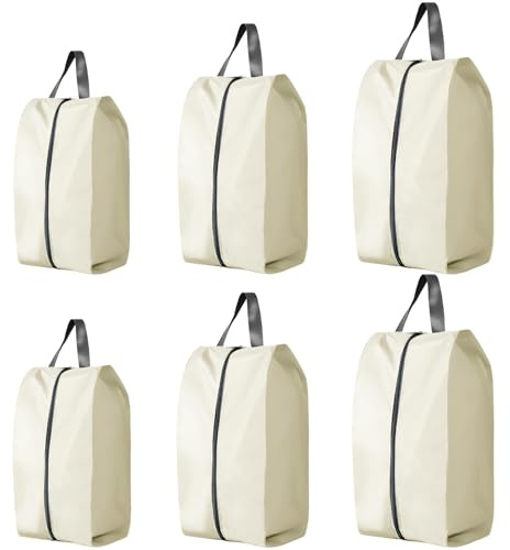 CJWLKJ 6Pcs Multi-Size Travel Shoe Bags Portable Travel Gifts Shoe Organizer with Zipper Closure, Waterproof Nylon Shoe Storage Organizer with Handle Travel Bags for Men and Women, Beige