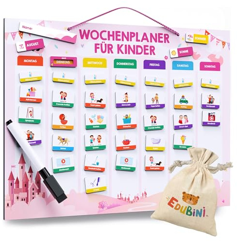 Edubini Weekly Planner for Kids, 223 Magnets + 150 Stickers, Children's Routine Planner for Structure in Everyday Life, Montessori Magnetic Board, Daily Planner, Task Board, Reward Board