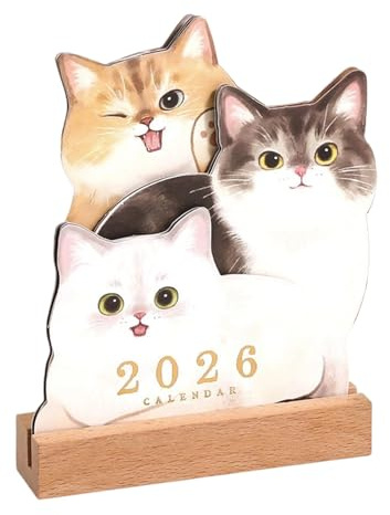 Calendario da tavolo mensile con motivo animali; pianificatore accademico con supporto in legno e gattino per lavoro quotidiano, scuola, ufficio, casa, insegnanti, bambini, famiglia,