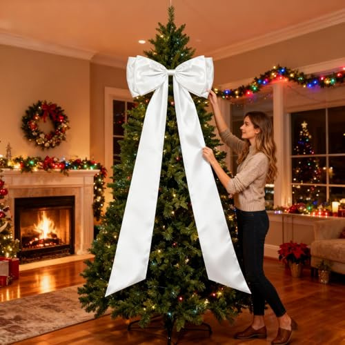 Qooplu Grande fiocco per albero di Natale, 240 cm grande fiocco lungo in raso per albero di Natale, fiocchi giganti in raso bianco, decorazioni per albero di Natale, per decorazione di foto da parete