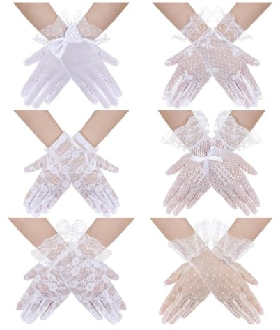 Cuxawamiyo Guantes de Encaje Blancos, 6 Pares, Guantes Cortos Elegantes para Mujer para Fiesta del té, Boda, ópera, Disfraz y Ocasiones Formales