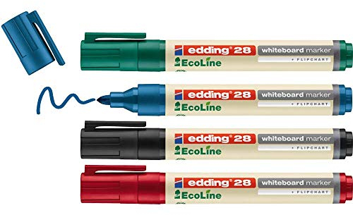 edding 28 Ecoline Whiteboardmarker Set - bunte Farben - 4 Whiteboard Stifte - Rundspitze 1,5-3 mm - Boardmarker abwischbar 4-28-4 Schwarz/Rot/Blau/Grün Caja de 4