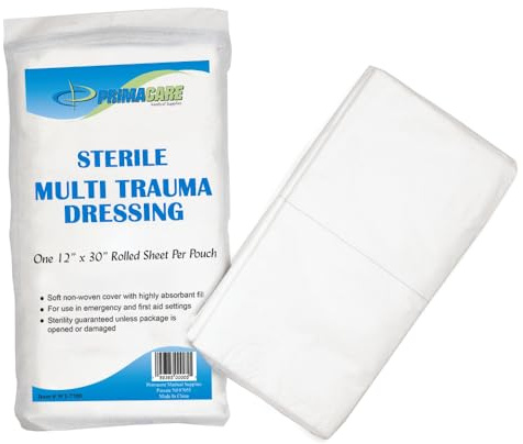Primacare WT-7705 First Aid Sterile Multi Trauma Dressing for Stopping Heavy Bleeding in Large Open Wounds, Treating Lacerations and Piercing Injuries, 30 x 12