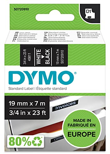 DYMO Authentic D1 Labels | White Print on Black Tape | 19 mm x 7 m | Self-Adhesive Labels for LabelManager Label Makers | Made in Europe