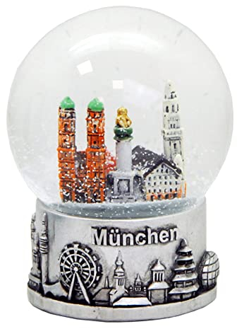 Souvenir Schneekugel München Skyline Silber Sockel | 80mm Durchmesser Frauenkirche Rathaus Mariensäule | 30050