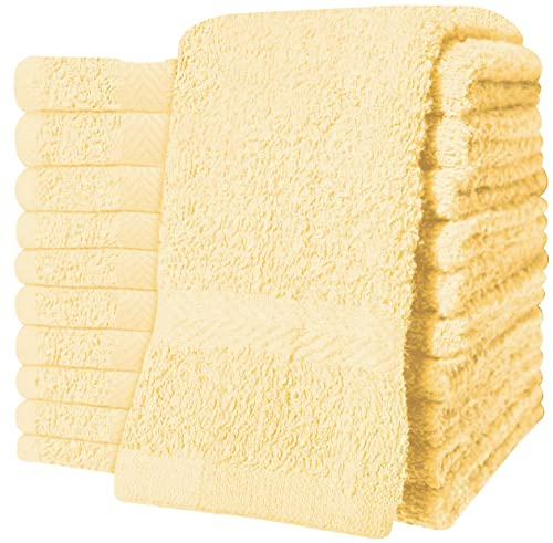 QCS Towels – 12 Pack Washcloths Set 30 x 30 cm, 100% Cotton Super Absorbent & Quick Dry Flannel Face Cloths, Fade Resistant and Soft Feel Fingertip Towels (Yellow)