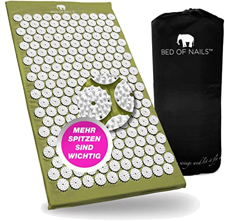 BED OF NAILS Original Acupressure Mat — Acupuncture Mat with 8,820 Massage Mat Nails for Wellness, Increased Vitality, Back Pain Relief, Relaxation, 74 x 41 x 2 cm, Carry Bag, Green
