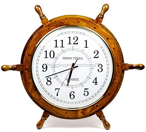 Nagina International Grande timone nautico in legno azzurro con orologio da capitano del tempo della nave, orologio decorativo per la casa dei pirati (61 cm, quadrante bianco)