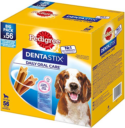 Pedigree DentaStix Hundesnack für mittelgroße Hunde (10-25kg), Zahnpflege-Snack mit Huhn und Rind, 1 Packung je 56 Stück (1 x 1.44 kg)