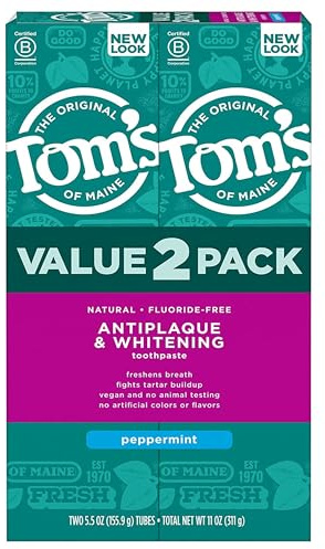 Tom's Of Maine Antiplaque And Whitening Fluoride-Free Toothpaste, Peppermint, 5.5-Ounce (Pack Of 2)