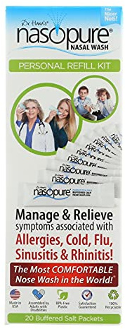 Nasopure Nasal Wash, Personal Refill Kit, “The Nicer Neti Pot” Sinus Wash Kit, Comfortable Nasal Rinse 20 Salt Packets (3.75 Grams Each), Nasal Congestion, Cold, Flu, Allergy, Nasal Irrigation System