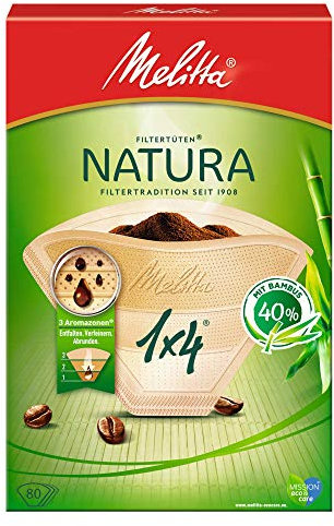 Melitta Filtertüten Natura 1x4, 3 Aromazonen, Bambus, Naturbraun, 80 Stück