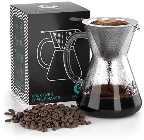 Coffee Gator - Cafetera con boquilla de borosilicato de 414 ml con filtro reutilizable de acero inoxidable, infusor de café por goteo, jarra, 400 ml, transparente
