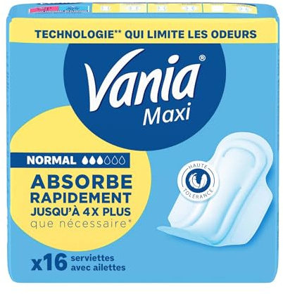 Vania – Serviettes Hygiéniques Maxi Normal (16 pièces avec ailettes) – Serviettes à absorption rapide haute tolérance – Protection périodique avec forme anatomique et 4 barrières protectrices
