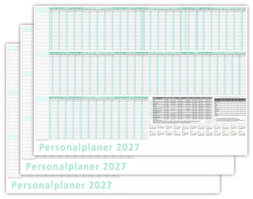 3 Stück Urlaubsplaner/Personalplaner 2027 nass abwischbar mit Folienkaschierung - DIN B1 Format (1000 x 700mm) 22 Mitarbeiter Januar bis März Folgejahr mit Schulferien (gerollt!)