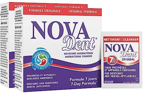 Novadent Limpiador de dentaduras postizas - para aparatos dentales, retenedores, bandejas, protectores bucales, alineadores dentales - 6 meses (26 sobres)