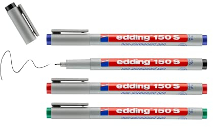 edding 150 S non-permanent Folienschreiber-4er-Set-schwarz, rot, blau, grün - Rundspitze 0,3 mm-Stift zum Schreiben auf Glas,Kunststoff und glatten Oberflächen-schnelltrocknend,mit Wasser korrigierbar