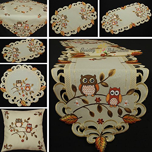 Eulen Tischband Tischläufer Tischdecke Kissenhülle Leinen-Optik Creme Beige Herbst Blatt Stickerei - Größe wählbar (ca. 30 x 160 cm)