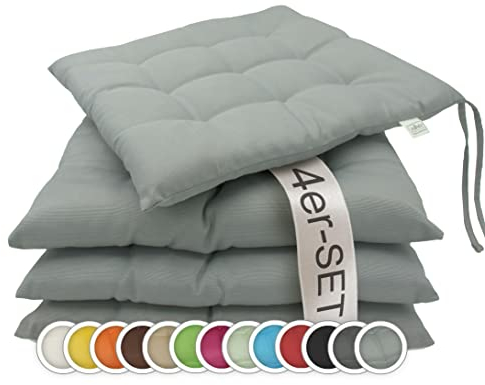 ZOLLNER 4er Set Sitzkissen in 40x40cm - gemütliche Stuhlkissen mit Bindebänder - waschbar bis 30°C - in grau - Oeko Tex® Zertifiziert