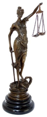 Kunst & Ambiente - Kleine römische Bronzefigur - Justitia - mit Schwert + Waage - Echte Bronze - Justitia Kaufen - Bronzefiguren kaufen - braun