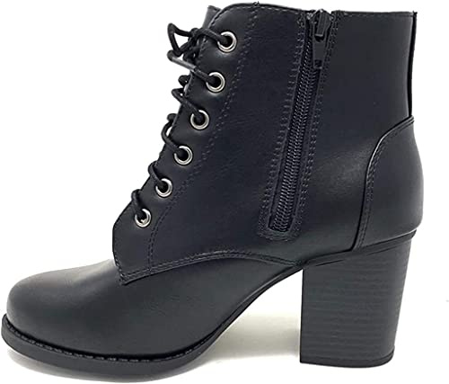 Soda Women's Korman Faux Leather Lace Up High Chunky Heel Ankle Booties, Black, 10 M US