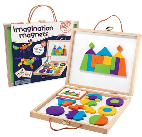 MindWare Imagination Magnets Wooden Pattern Blocks Set - Imaginative Play with magentic Shapes in a Carrying case - 42 Magnetic Solid Wooden Blocks, 50 Full-Color Laminated Puzzles