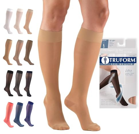 Truform Sheer Compression Stockings, 15-20 mmHg, Women's Knee High Length, 20 Denier, Beige, Medium