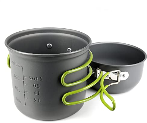 2 teiliges Camping-Geschirr/Topf-Set aus leichtem und rostfreiem, eloxiertem Aluminium, Outdoor-Kochset 2 Töpfe, Geschirr-Set Outdoorausrüstung mit praktischen Kunststoff-Haltegriffen