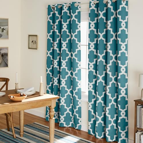 TOWN & COUNTRY EVERYDAY Ironwork Geo Trellis Sateen Indoor Curtains, Room Darkening Blackout, Grommet Top, Energy Efficient, 2-Pack Set, 52x108, Teal
