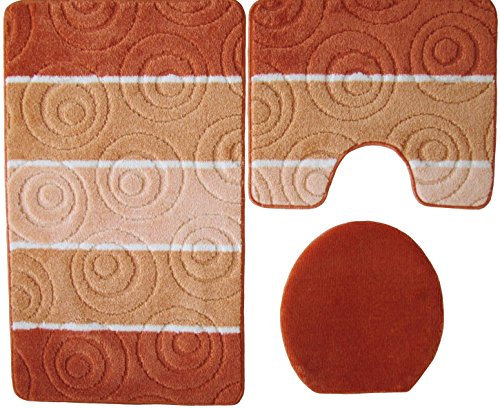 Orion Badgarnitur 3 TLG. Set 60x100 cm, farbig gestreift, WC Vorleger mit Ausschnitt für Stand-WC (terrakotta lachs)
