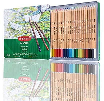 Derwent Academy Watercolour Pencils, Set of 24 in Tin, Multicolour Artist’s Pencils, Ideal for Wet or Dry Colouring, Drawing & Illustration, Premium Hobbyist Quality, 2300226