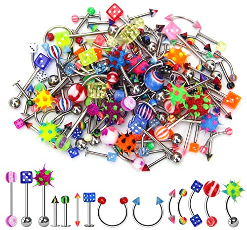 CrazyPiercing Lot of 110PCS Body Jewelry Piercing Eyebrow Navel Belly Tongue Lip Bar Ring