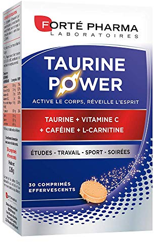 Forté Pharma - Taurine Power - Complément Alimentaire - Booster d'Énergie, Anti fatigue, Coup de boost - Caféine, Vitamine C, L carnitine, Magnesium - Goût Agrumes, 30 comprimés effervescents, 1/jour