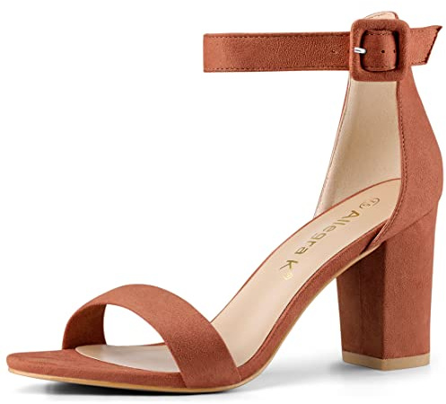 Allegra K Women's Open Toe Chunky High Heel Buckle Ankle Strap Sandals | 3 3/8 inches Heels with Faux Suede, Comfortable Block Heels Sandal for Women, Summer Dressy Shoes