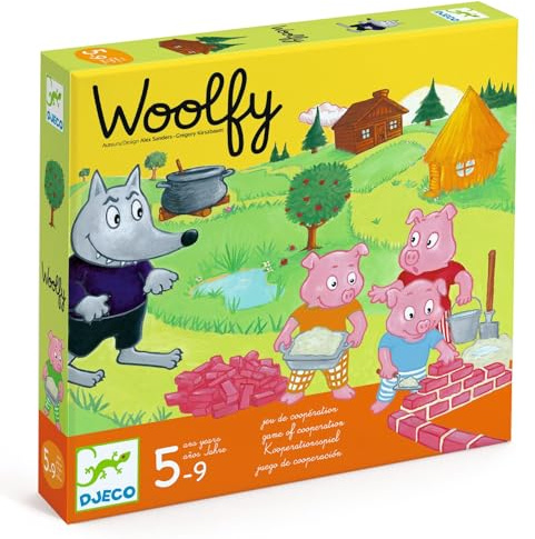 DJECO Woolfy – Kooperatives Gesellschaftsspiel, 5 bis 9 Jahre – alle vereinten gegen den Wolf – entwickelt Teamgeist und Strategie – 1 Tablett, 4 Figuren, 1 Kochtopf, 1 Haus, 3 Würfel – 2 bis 4
