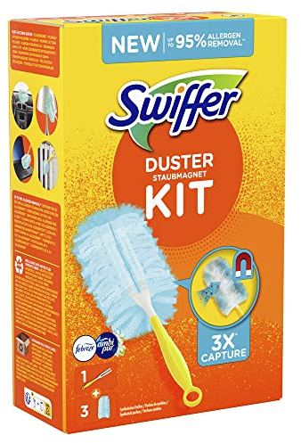Swiffer Staubmagnet Starter-Set (1 Griff + 3 Nachfülltücher mit Febrezeduft) Fängt Und Schließt 3-mal Mehr Staub Und Haare Ein Als Herkömmliche Staubwedel
